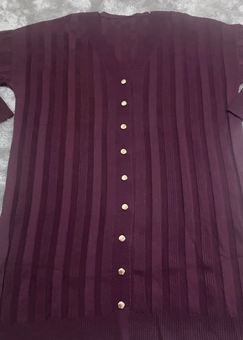 Düğmeli Parlak Mor Kadın Uzun Hırka - Görsel 3