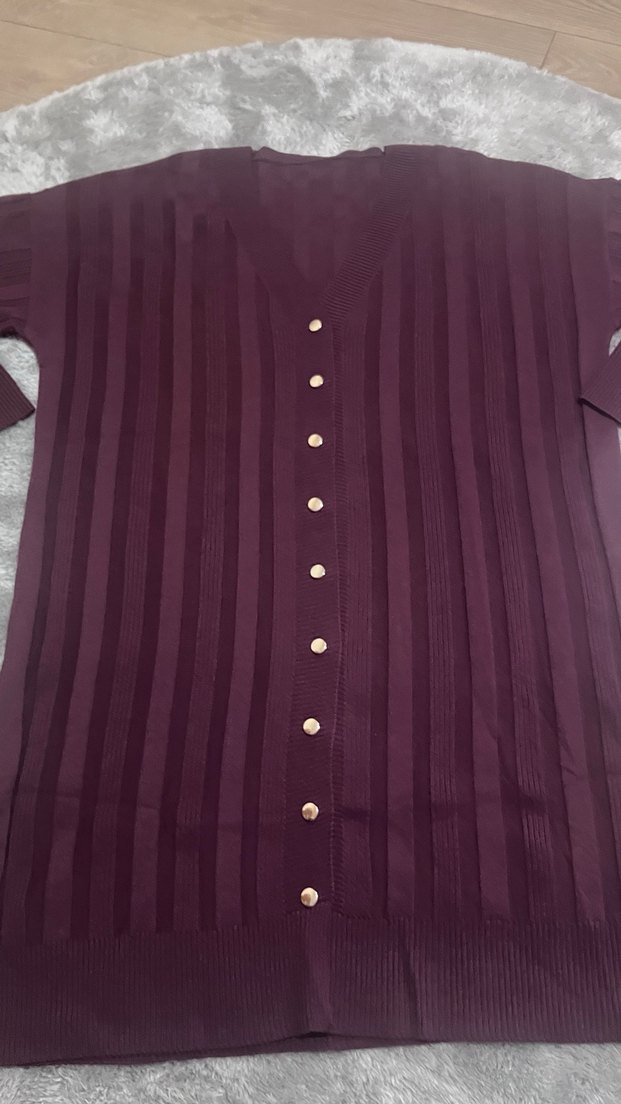 Düğmeli Parlak Mor Kadın Uzun Hırka - Görsel 3