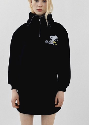Siyah Baskılı Yarım Fermuarlı Sweatshirt Elbise