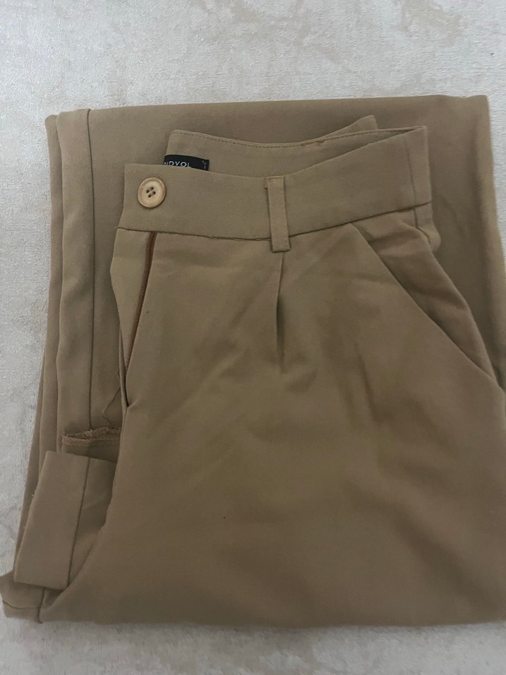 Bej Kadın Kumaş Pantolon, Kemerli, Uzun - Görsel 5