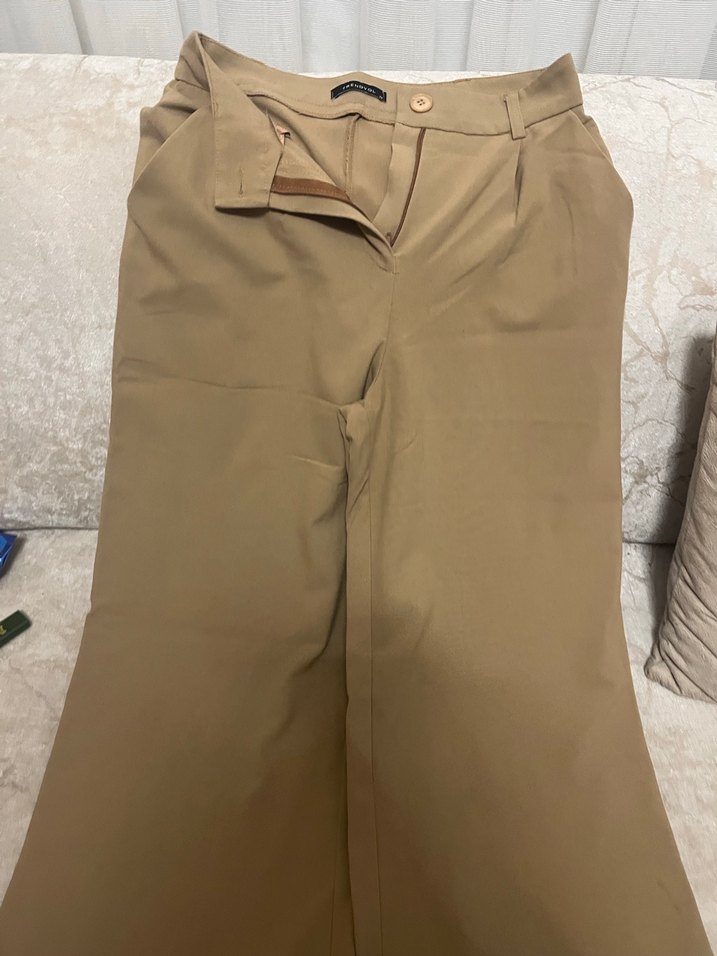 Bej Kadın Kumaş Pantolon, Kemerli, Uzun - Görsel 3