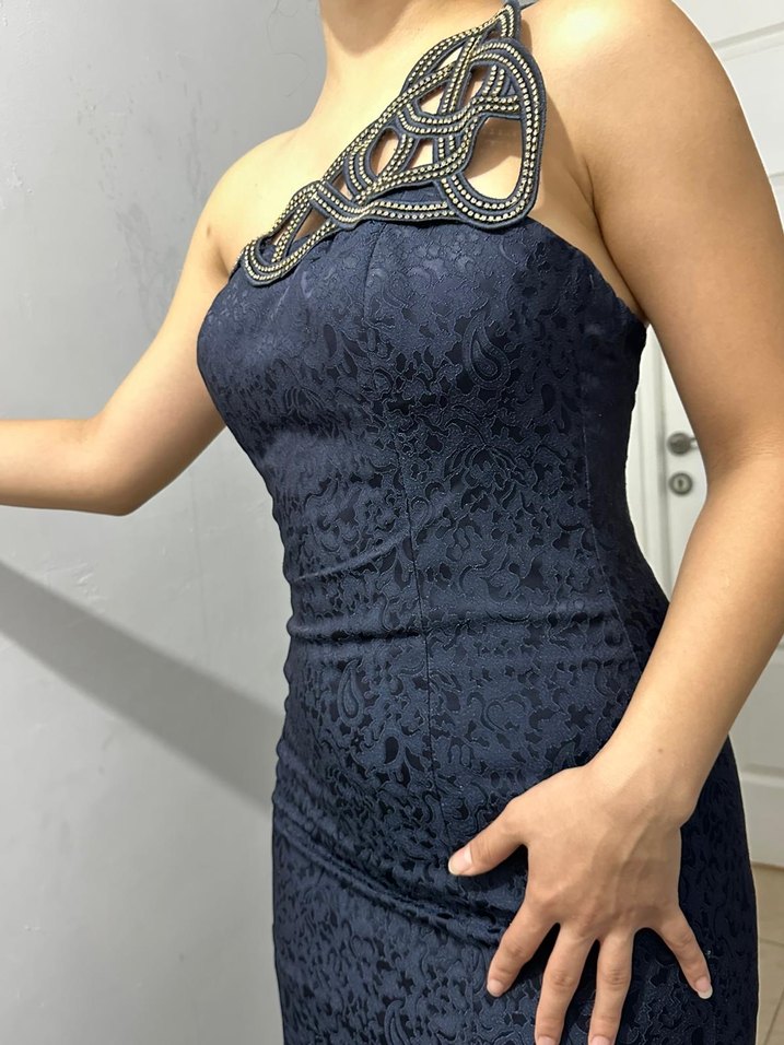 Lacivert Drapeli Uzun Straplez Abiye Elbise - Görsel 4