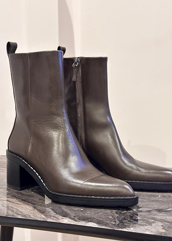 Massimo Dutti Kahverengi Deri Stiletto Topuklu Kadın Bot