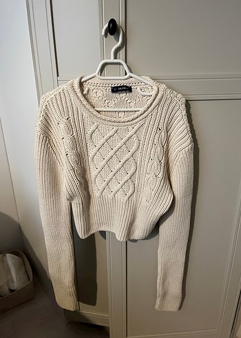 Beyaz Örgü Crop Kazak - Görsel 3