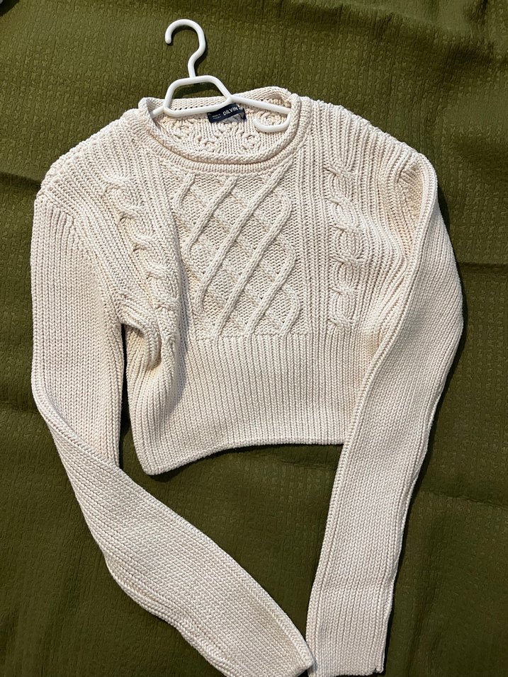 Beyaz Örgü Crop Kazak - Görsel 2