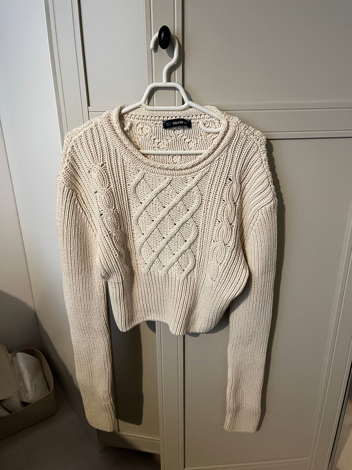 Beyaz Örgü Crop Kazak - Görsel 3