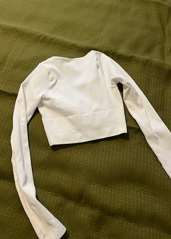 Uzun Kollu Beyaz Kadın Crop Top - Görsel 2