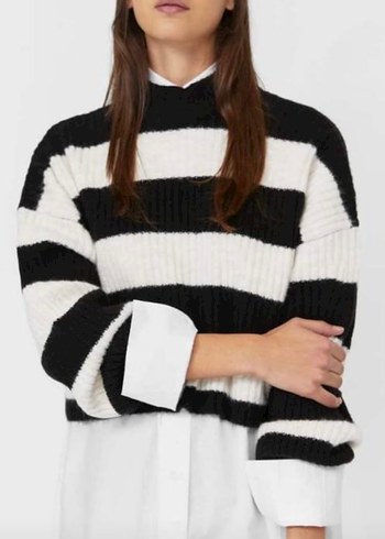 Kadın Siyah-Beyaz Çizgili Triko Kazak - Görsel 2