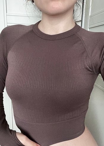 Kadın Kahverengi Uzun Kollu Crop Bluz - Görsel 3