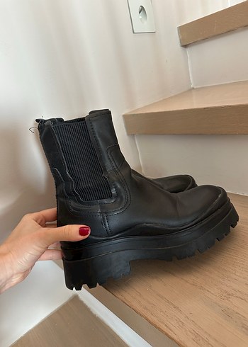 Siyah Deri Platform Topuklu bot - Görsel 6