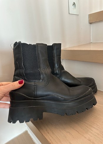 Siyah Deri Platform Topuklu bot - Görsel 2