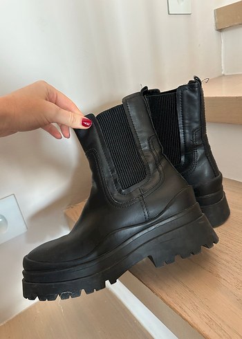 Siyah Deri Platform Topuklu bot - Görsel 4