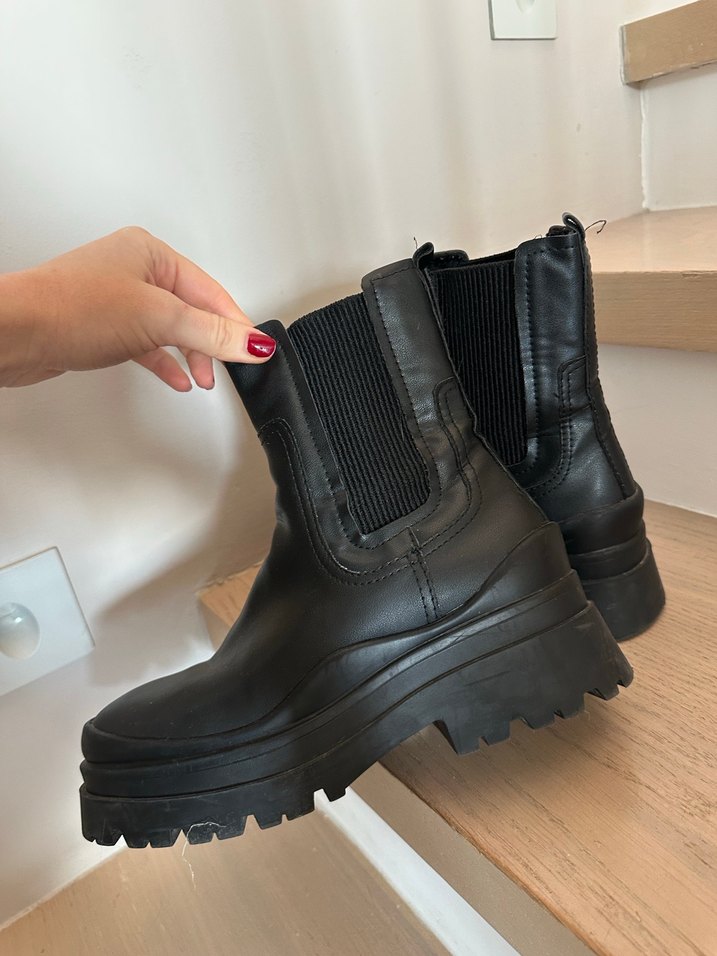 Siyah Deri Platform Topuklu bot - Görsel 4