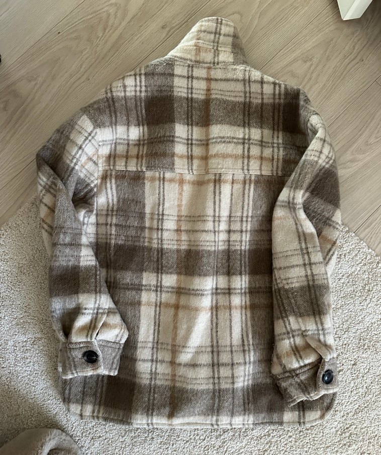 Düğmeli Ekose Bej Kadın ceket - Görsel 4