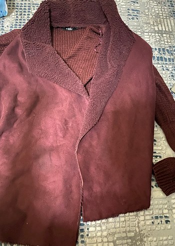 Bordo Triko Detaylı Süet Hamile Kabanı