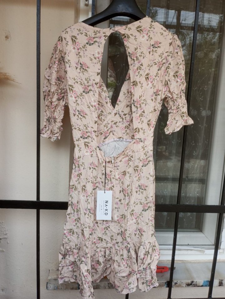 Bej V Yaka Mini Bohem Elbise - Görsel 4