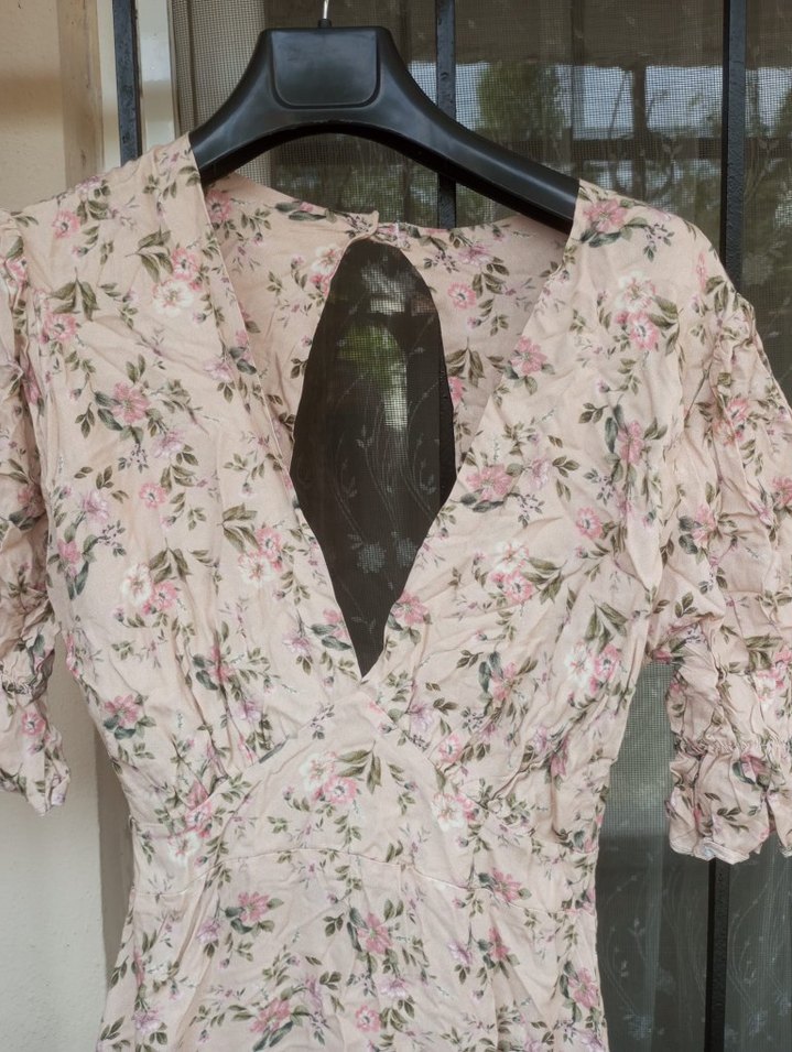 Bej V Yaka Mini Bohem Elbise - Görsel 2