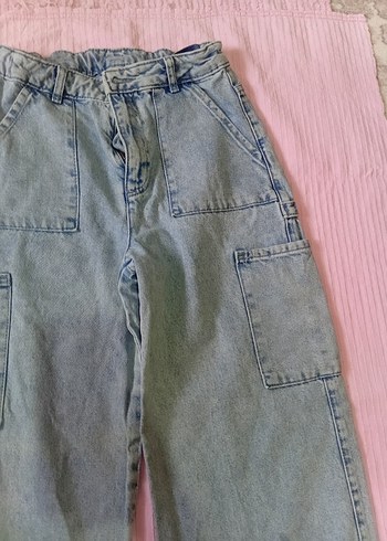 Düğmeli Mavi Bol Kesim Midi Kot Pantolon - Görsel 5