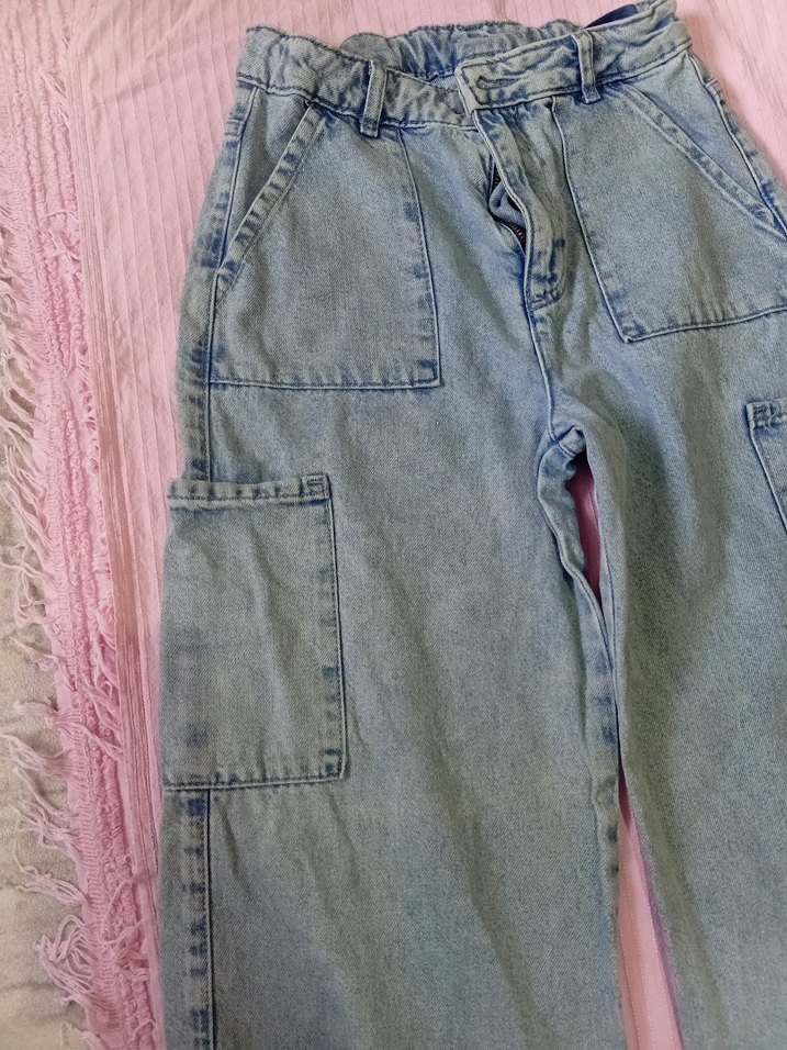 Düğmeli Mavi Bol Kesim Midi Kot Pantolon - Görsel 3