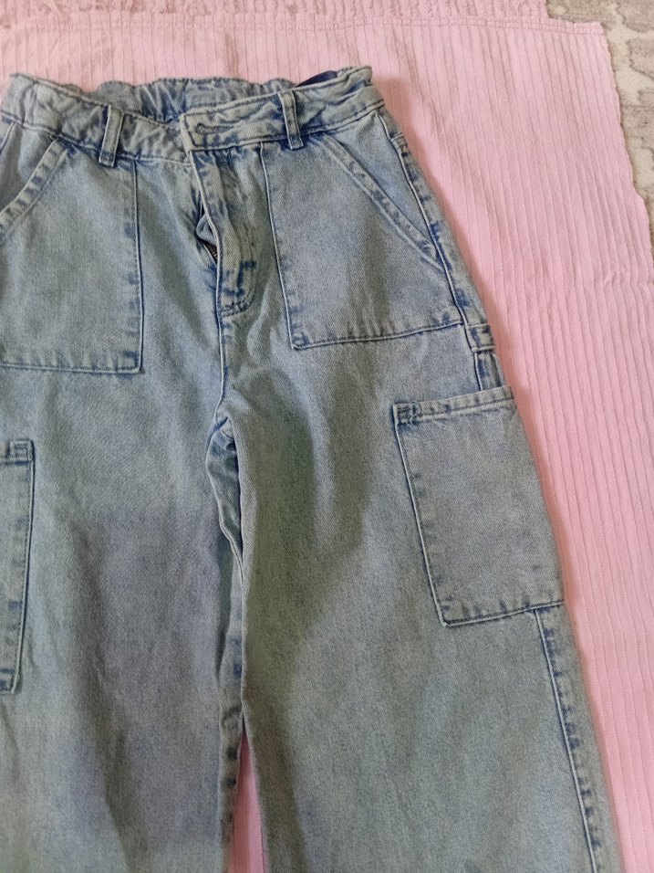 Düğmeli Mavi Bol Kesim Midi Kot Pantolon - Görsel 5