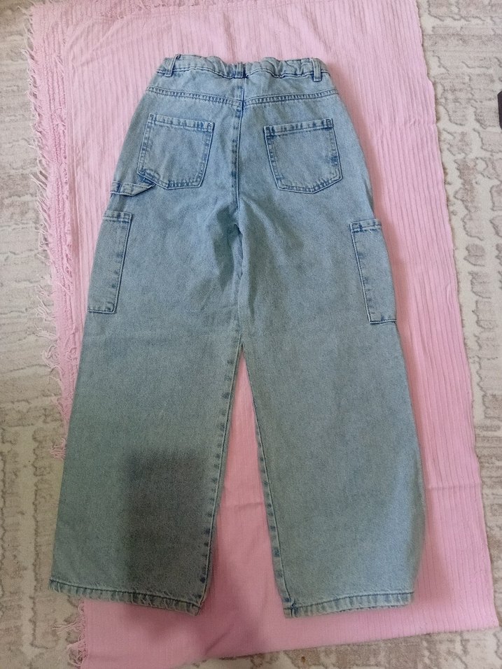 Düğmeli Mavi Bol Kesim Midi Kot Pantolon - Görsel 2