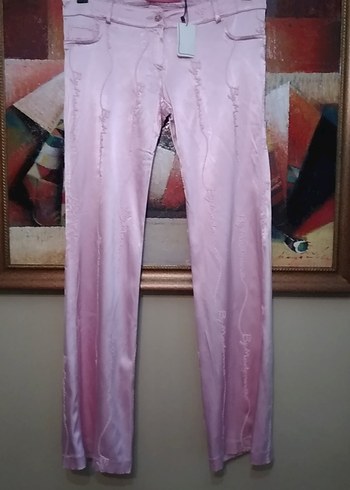 Pembe İŞLEMELİ Kadın Saten Pantolon
