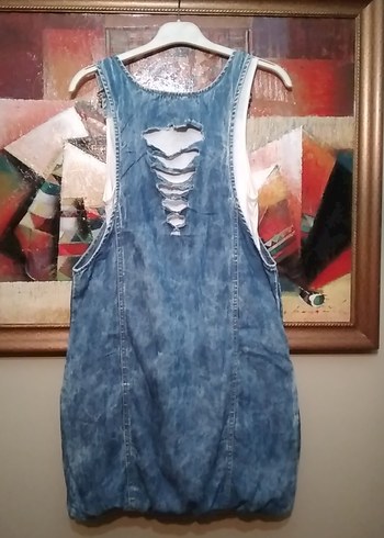 Gevşek Kesim Kemerli Kot Tulum - Görsel 2