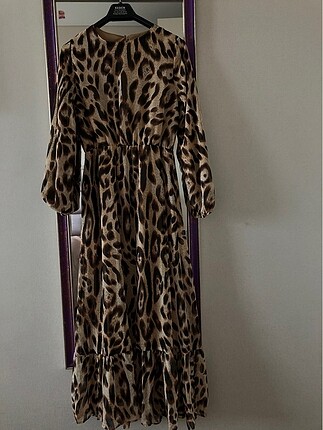 Leopar desen şifon elbise