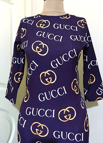 m Beden mor Renk Gucci baskılı uzun elbise