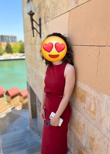 s Beden Kırmızı Yüksek Yakalı Uzun İnce Elbise