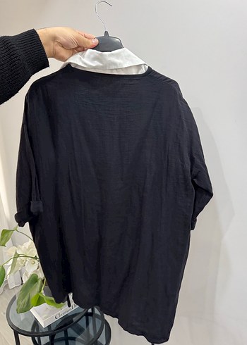 Siyah Keten Kadın Salaş Gömlek - Görsel 2