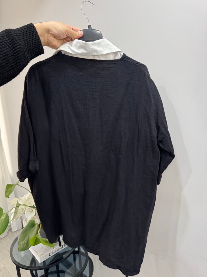 Siyah Keten Kadın Salaş Gömlek - Görsel 2