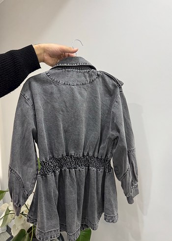 Gri Batik Desenli Kemerli Mini Denim Ceket - Görsel 2