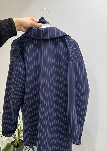 Navy Lacivert Çizgili Hamile Midi Ceket - Görsel 2
