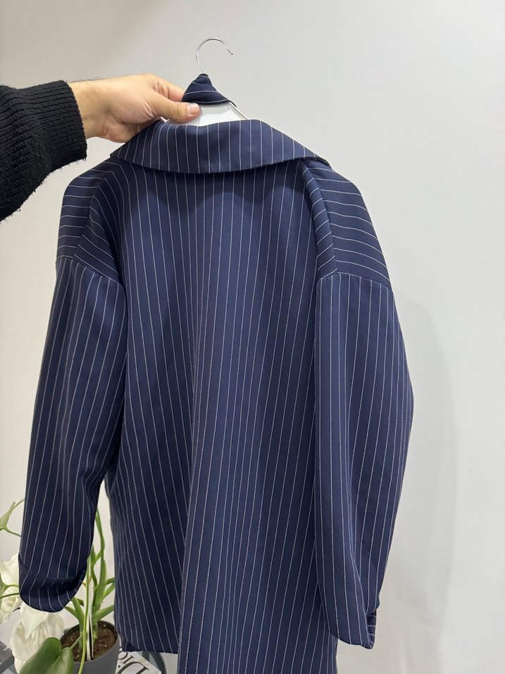Navy Lacivert Çizgili Hamile Midi Ceket - Görsel 2