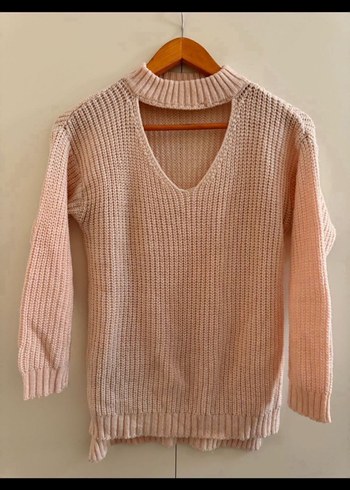 Pembe V Yaka Örgü Kadın Kazak - Görsel 2