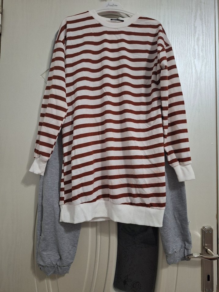 Kadın Gri Çizgili Uzun Kollu esofman Takımı - Görsel 2