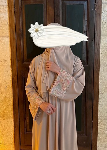 Bej işlemeli Abaya Şal - Görsel 5