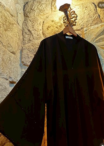 Siyah kristal boncuk işlemeli Abaya - Görsel 5
