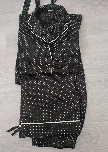 Siyah satenPuantiyeli Uzun Kollu Midi Pijama Takımı - Görsel 5