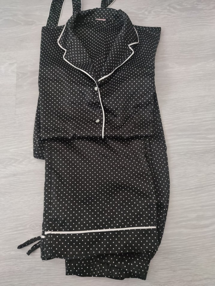 Siyah satenPuantiyeli Uzun Kollu Midi Pijama Takımı - Görsel 5