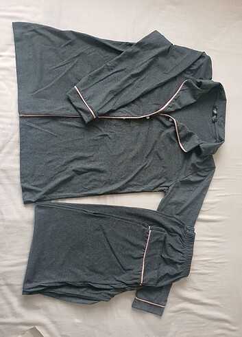 Diğer Siyah İnci Antrasit Somon Pamuklu Düğmeli Biyeli Pijama Takımı.