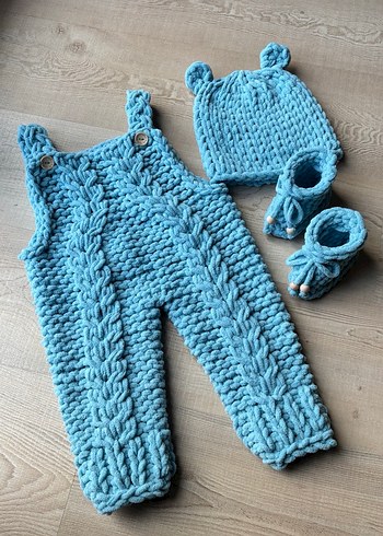 Mavi Örgü Bebek Erkek Tulumu Seti - Görsel 2