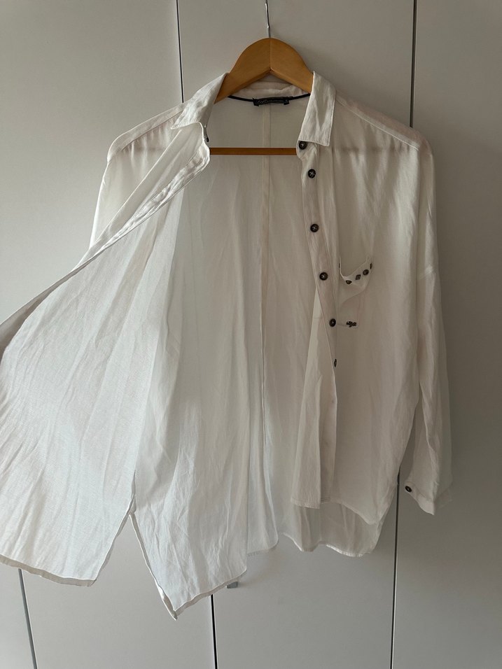 Düğmeli Beyaz Keten Kadın Gömlek - Görsel 5
