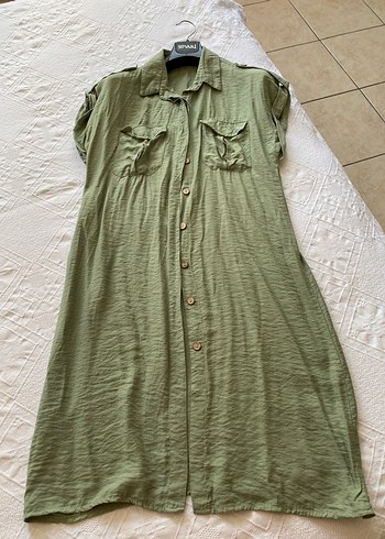 Uzun Kollu Rahat Kesim Haki gömlek elbise - Görsel 4