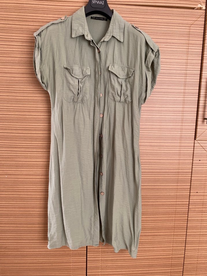 Uzun Kollu Rahat Kesim Haki gömlek elbise - Görsel 5