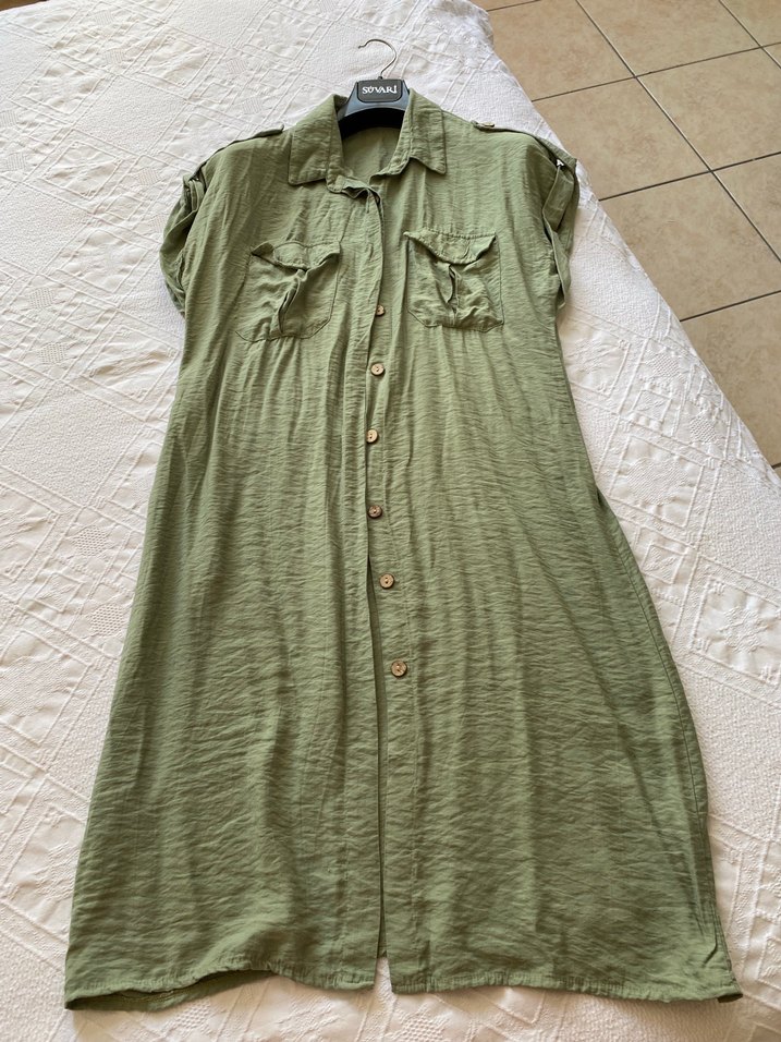 Uzun Kollu Rahat Kesim Haki gömlek elbise - Görsel 4