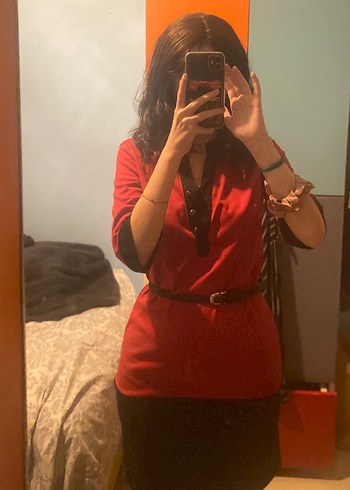 Kırmızı Siyah Süet Midi Elbise - Görsel 3