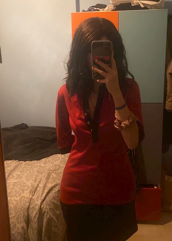 Kırmızı Siyah Süet Midi Elbise - Görsel 2