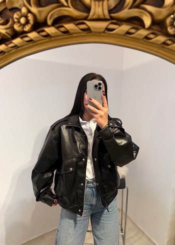 Düğmeli Siyah Deri Kadın Ceket - Görsel 3